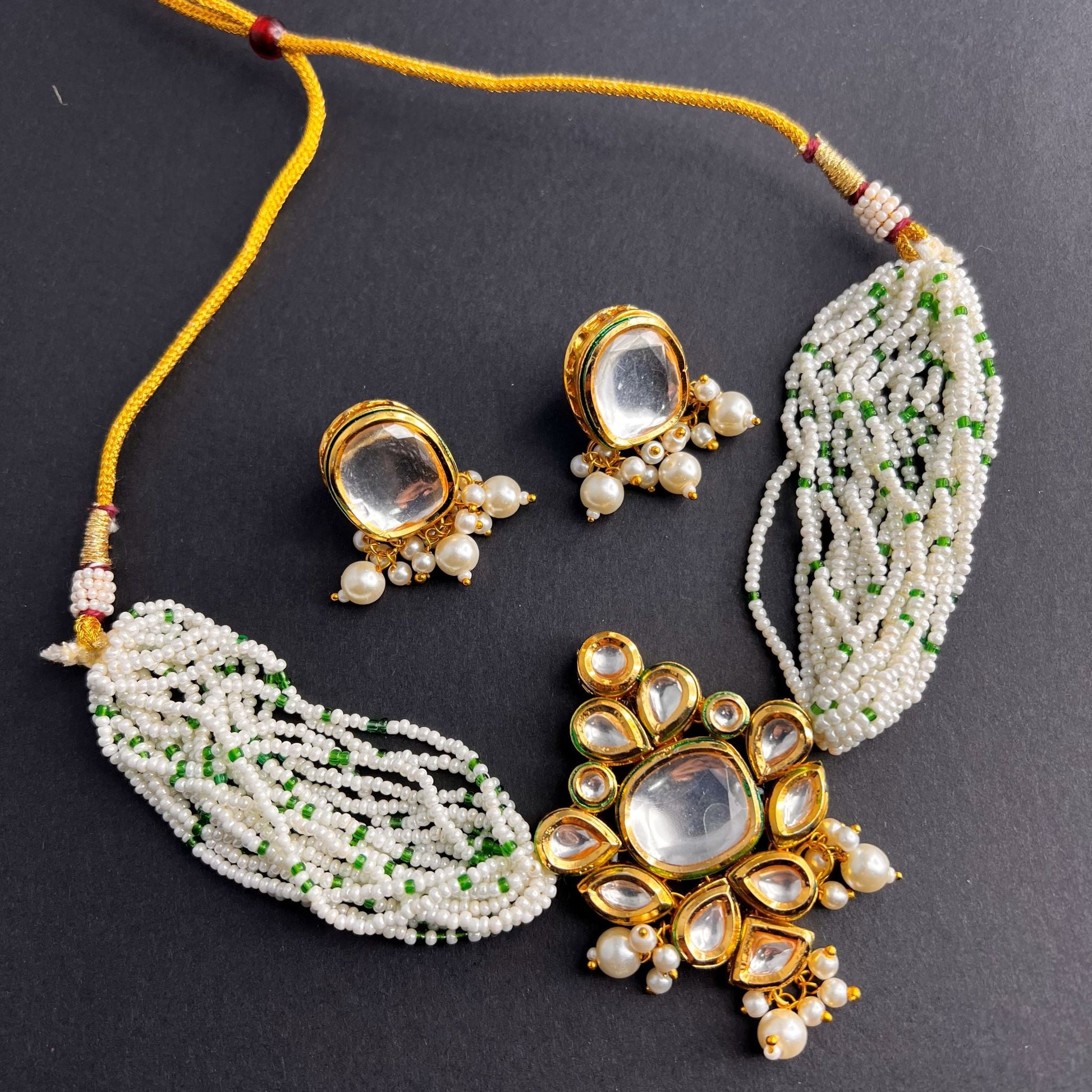 Fashion - Trendy Style Green Color Kundan, Bead Mix Necklace Set With Gold Tone Plating