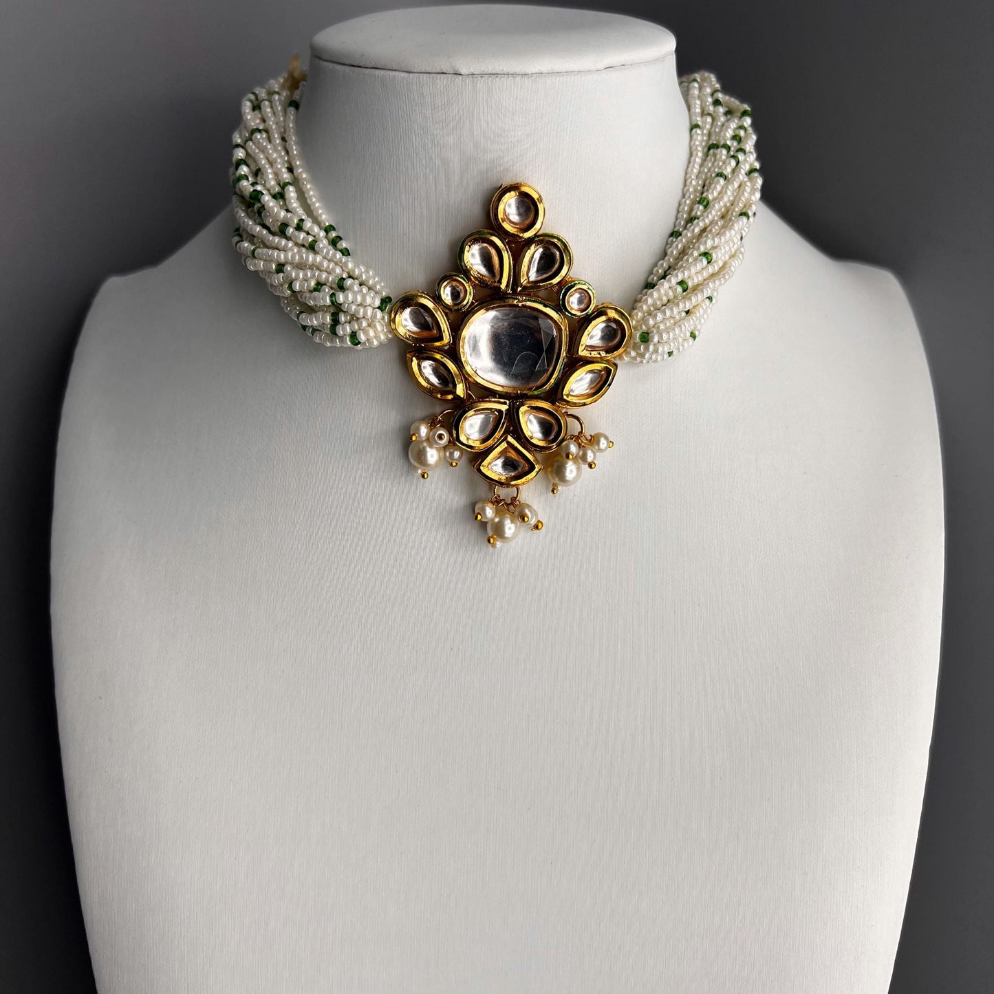 Fashion - Trendy Green Kundan, Bead Mix Choker Necklace Set