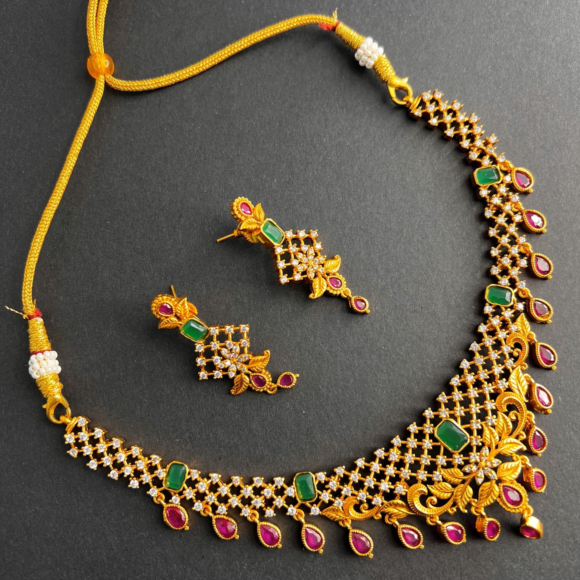 Fashion - Classic Style Ruby Pink, Emerald Green Color Antique Traditional Necklace Set With Gold Tone Plating