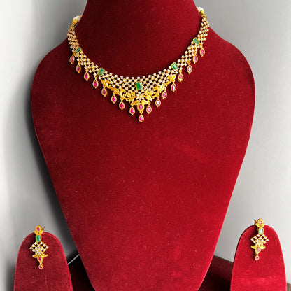 Fashion - Beautiful Classic Pink & Emerald Green Antique Traditional Close-Neck Necklace Set