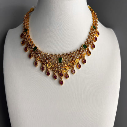 Fashion - Beautiful Classic Pink & Emerald Green Antique Traditional Close-Neck Necklace Set