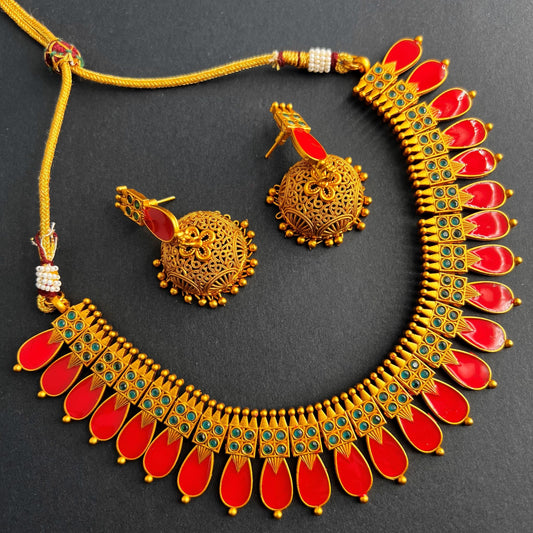 Fashion - Classic Style Red, Green Color Antique Traditional Necklace Set With Matte Gold Tone Plating