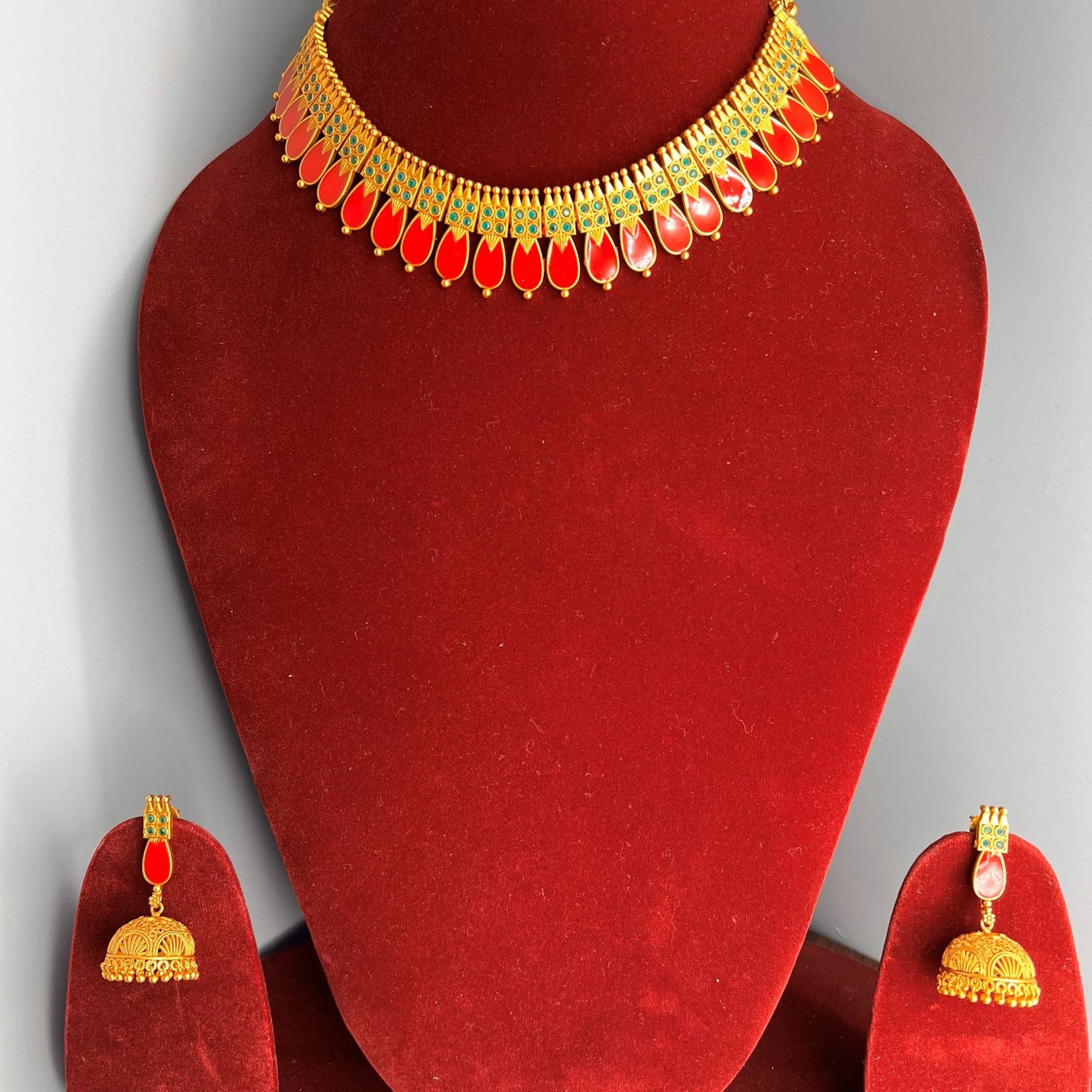 Fashion - Beautiful Orange Petal Enamel Kerala Style Meenakari Work & Green Antique Traditional Necklace Set