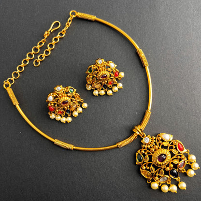 Fashion - Classic Style Multi Color Antique Traditional Necklace Set With Gold Tone Plating