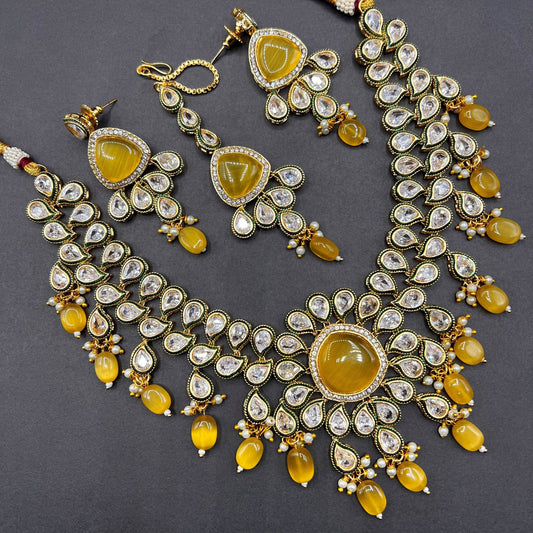 Fashion - Festive Style Yellow Color Monalisa Stone Necklace Set With Gold Tone Plating