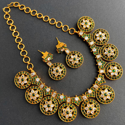 Fashion - Designer Classic Style Green, White Color Antique Traditional Necklace Set With Matte Gold Tone Plating