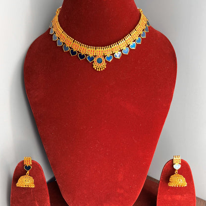 Fashion - Gorgeous Red & Blue Petals Kerala Style Enamel Meenakari Work Antique Traditional Necklace Set