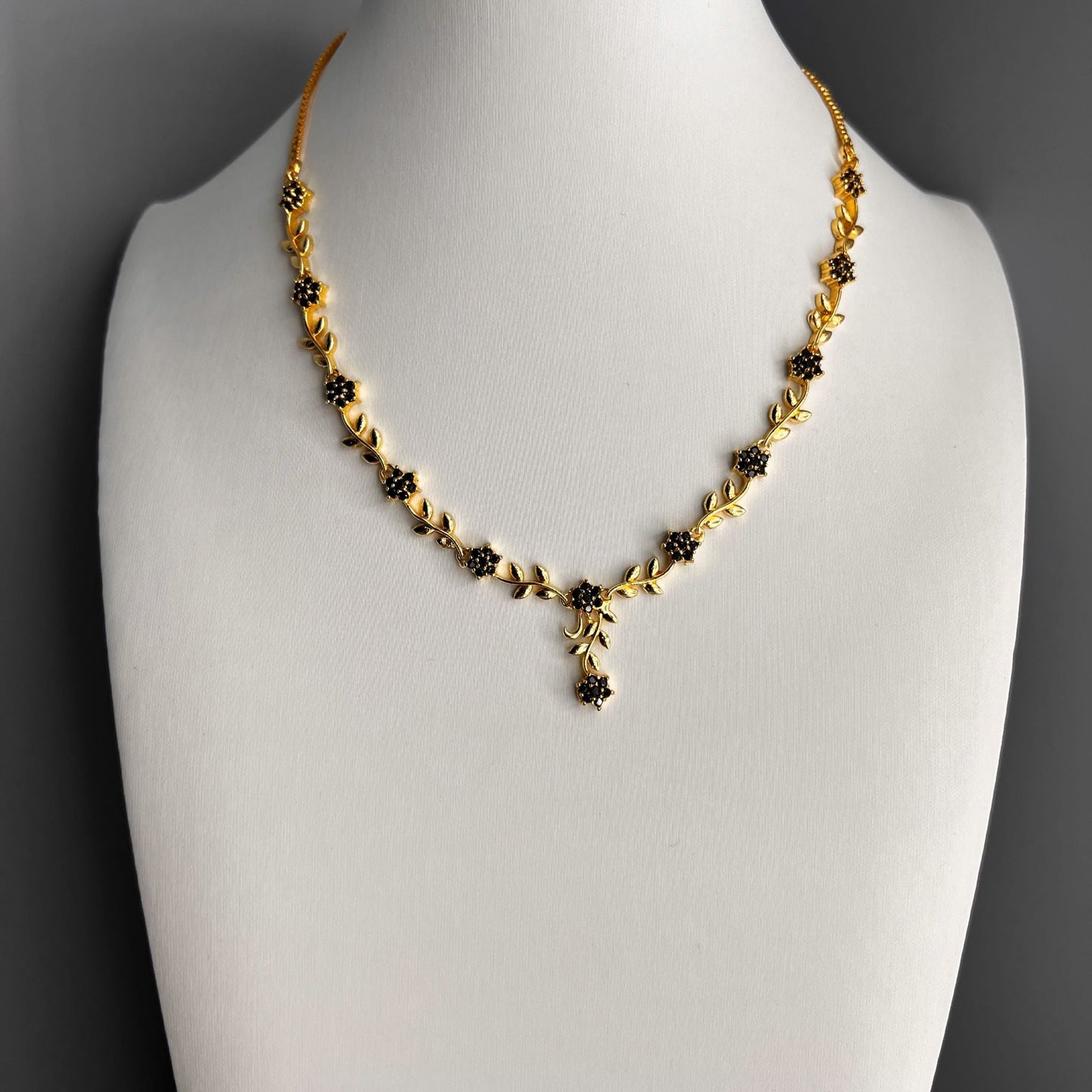 Fashion - Dainty Floral Design Black AD/CZ Stone Necklace Set