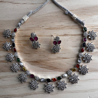 Fashion - Designer Trendy Floral Motifs Multi Color AD/CZ Stone Necklace Set