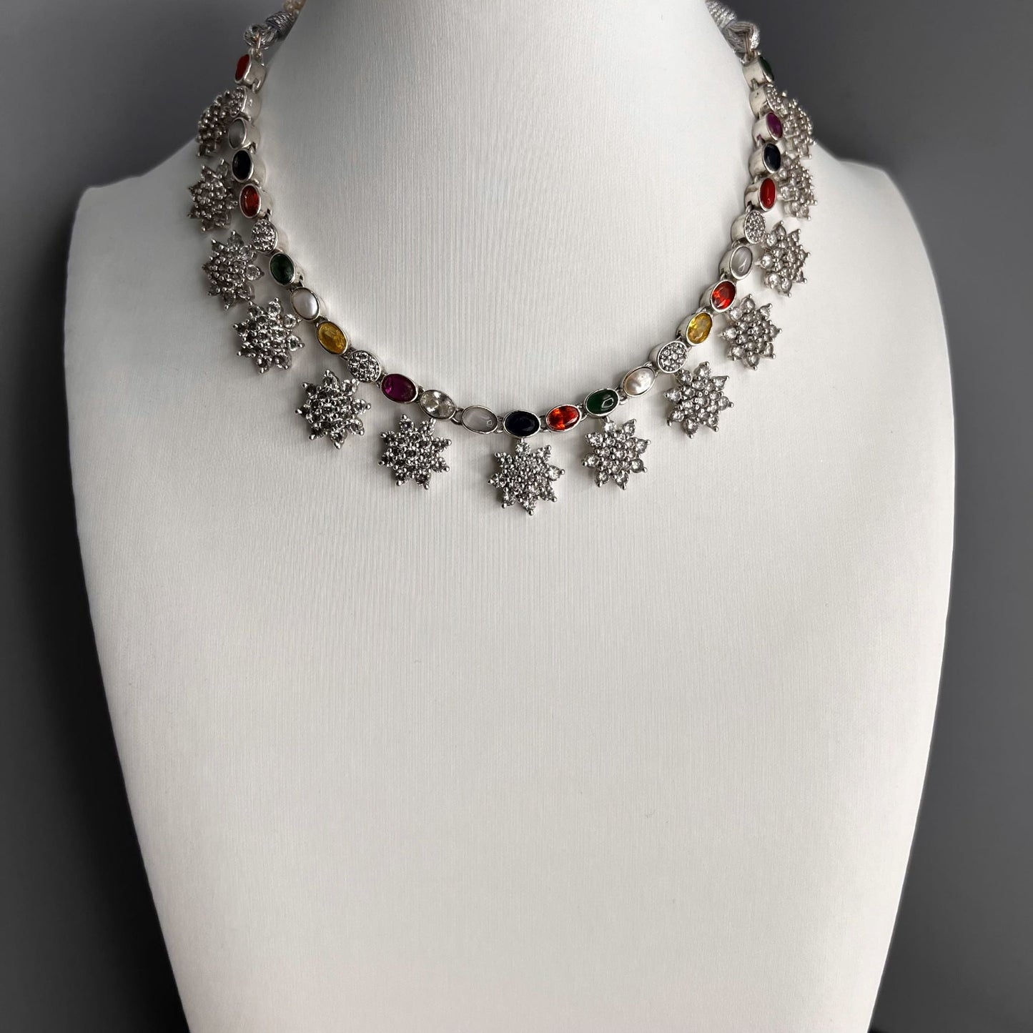 Fashion - Designer Trendy Floral Motifs Multi Color AD/CZ Stone Necklace Set