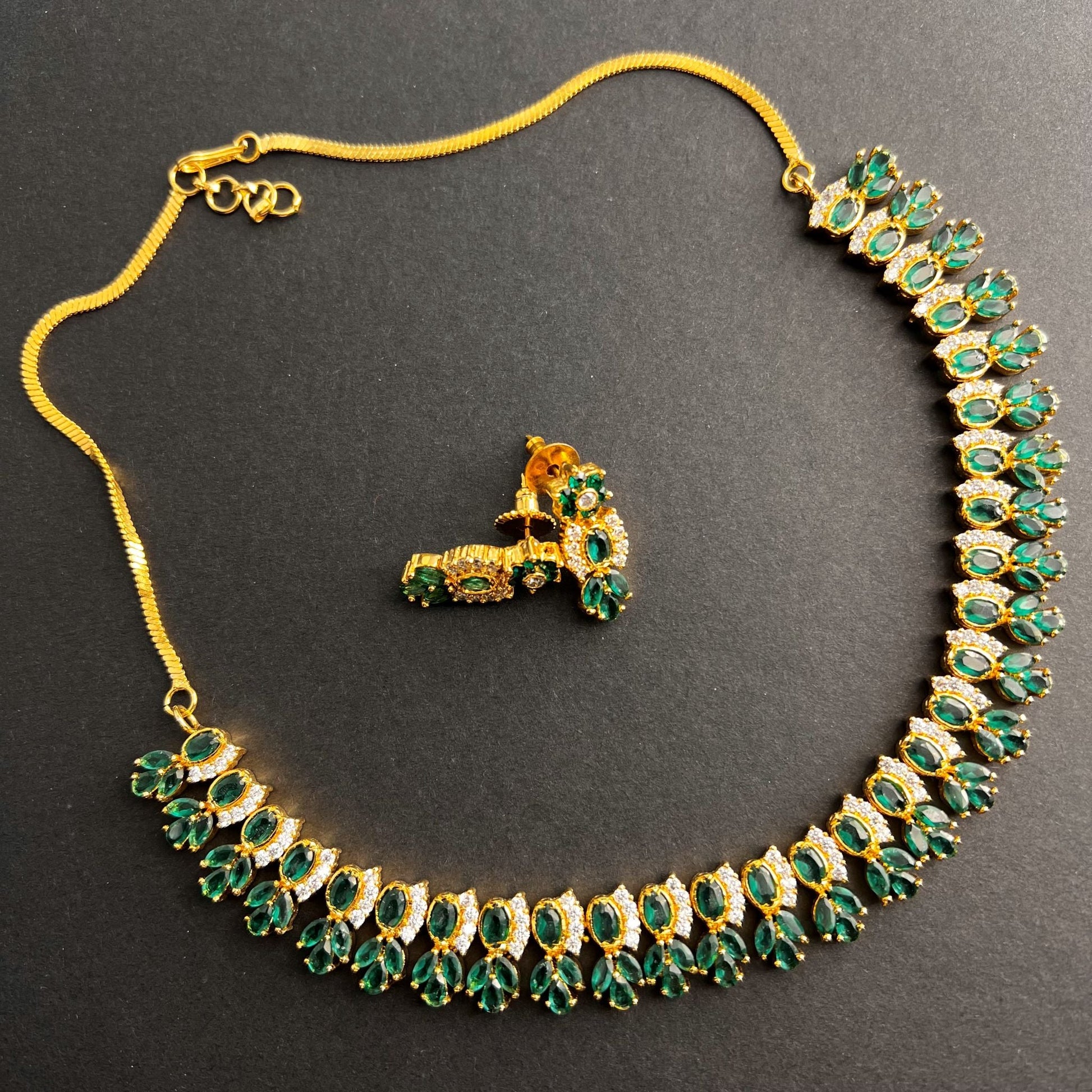 Fashion - Classic Style Green Color AD/CZ Necklace Set With Gold Tone Plating