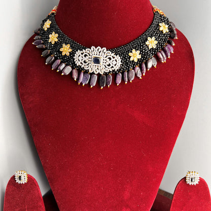 Fashion - Unique Designer Black Beads With Florals Bead Mix Necklace Set