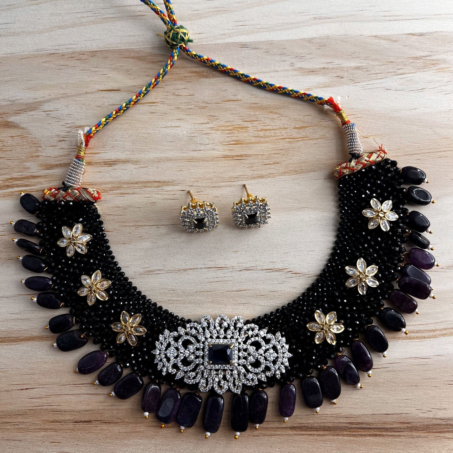 Fashion - Unique Designer Black Beads With Florals Bead Mix Necklace Set