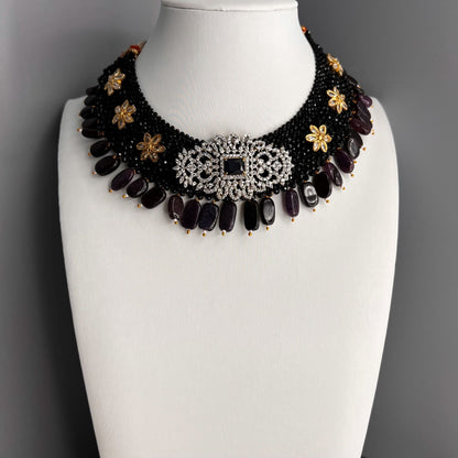 Fashion - Unique Designer Black Beads With Florals Bead Mix Necklace Set