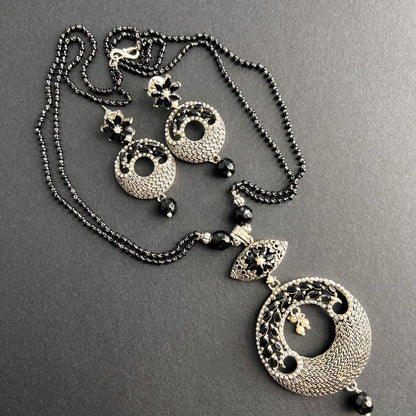 Fashion - Mangalsutra Classic Style Black Color Oxidized Necklace Set With Silver Tone Plating