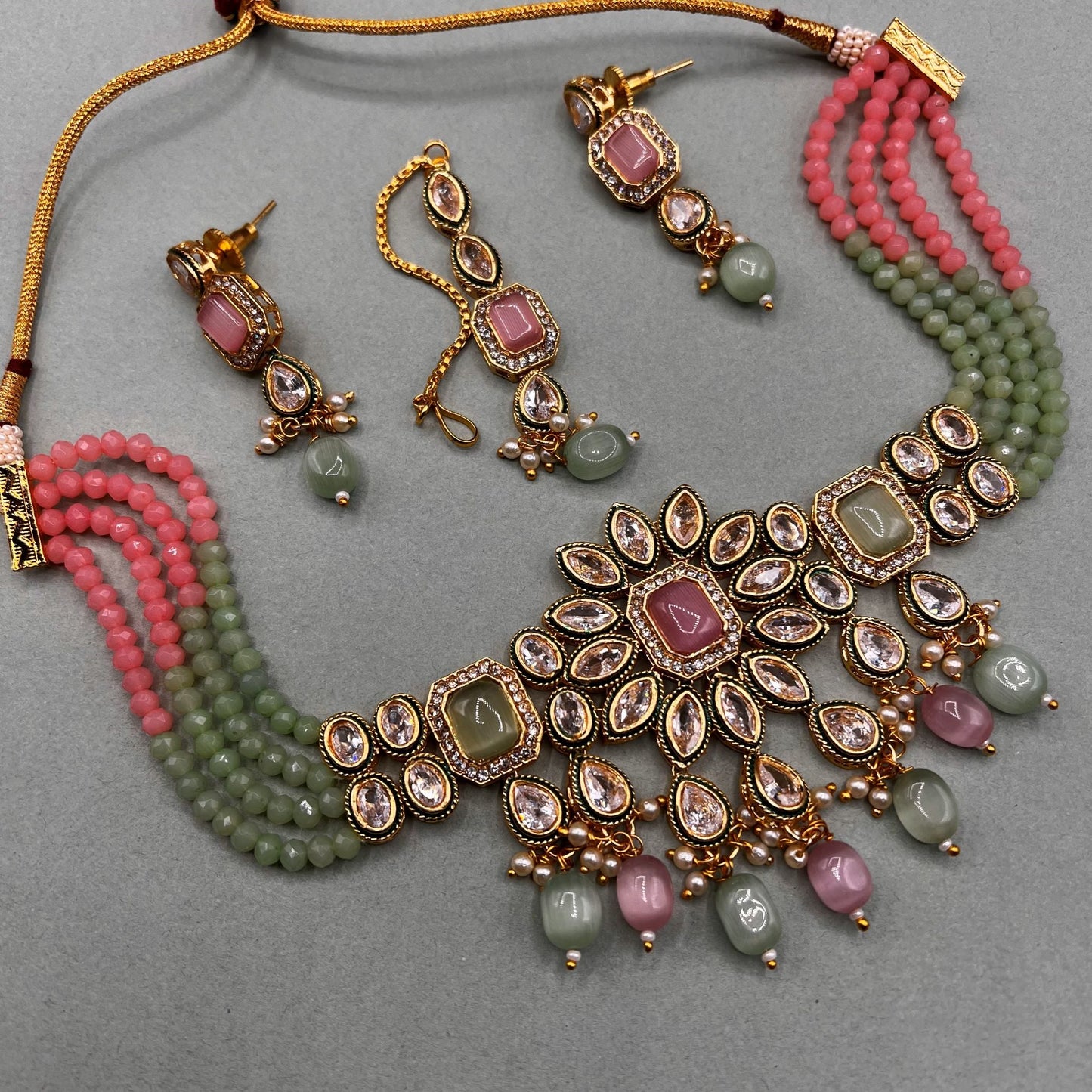 Fashion - Classic Style Mint Green, Pink Color Monalisa Stone, Bead Mix Necklace Set With Gold Tone Plating