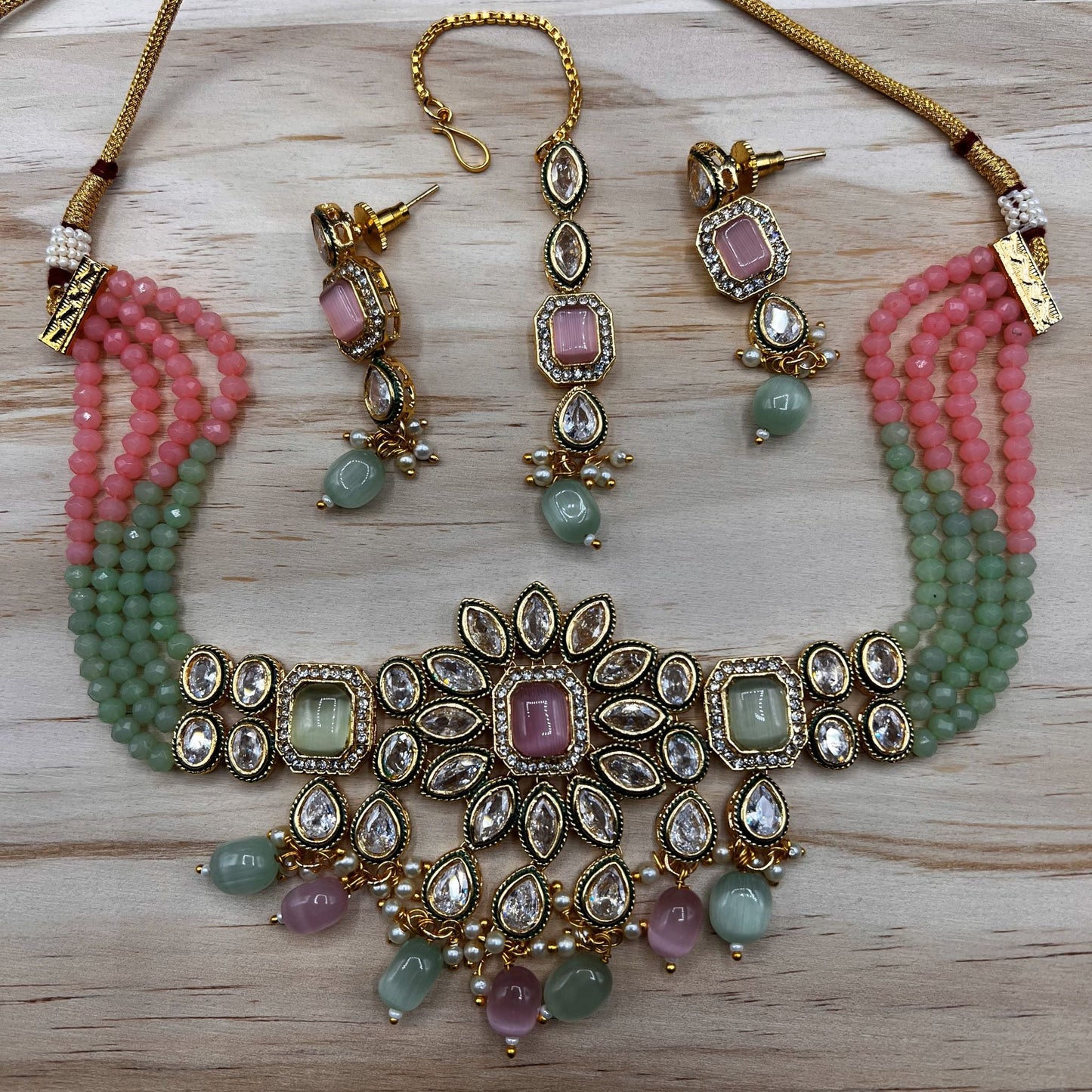 Fashion - Classic Mint Green & Pink Monalisa Stone, Bead Mix Choker Set