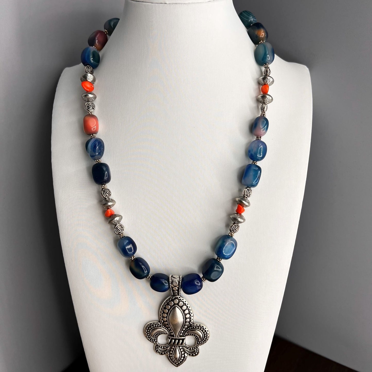 Fashion - Trendy Blue Onyx With Fleur-De-Lis Pendant Oxidized, Bead Mix Necklace Set