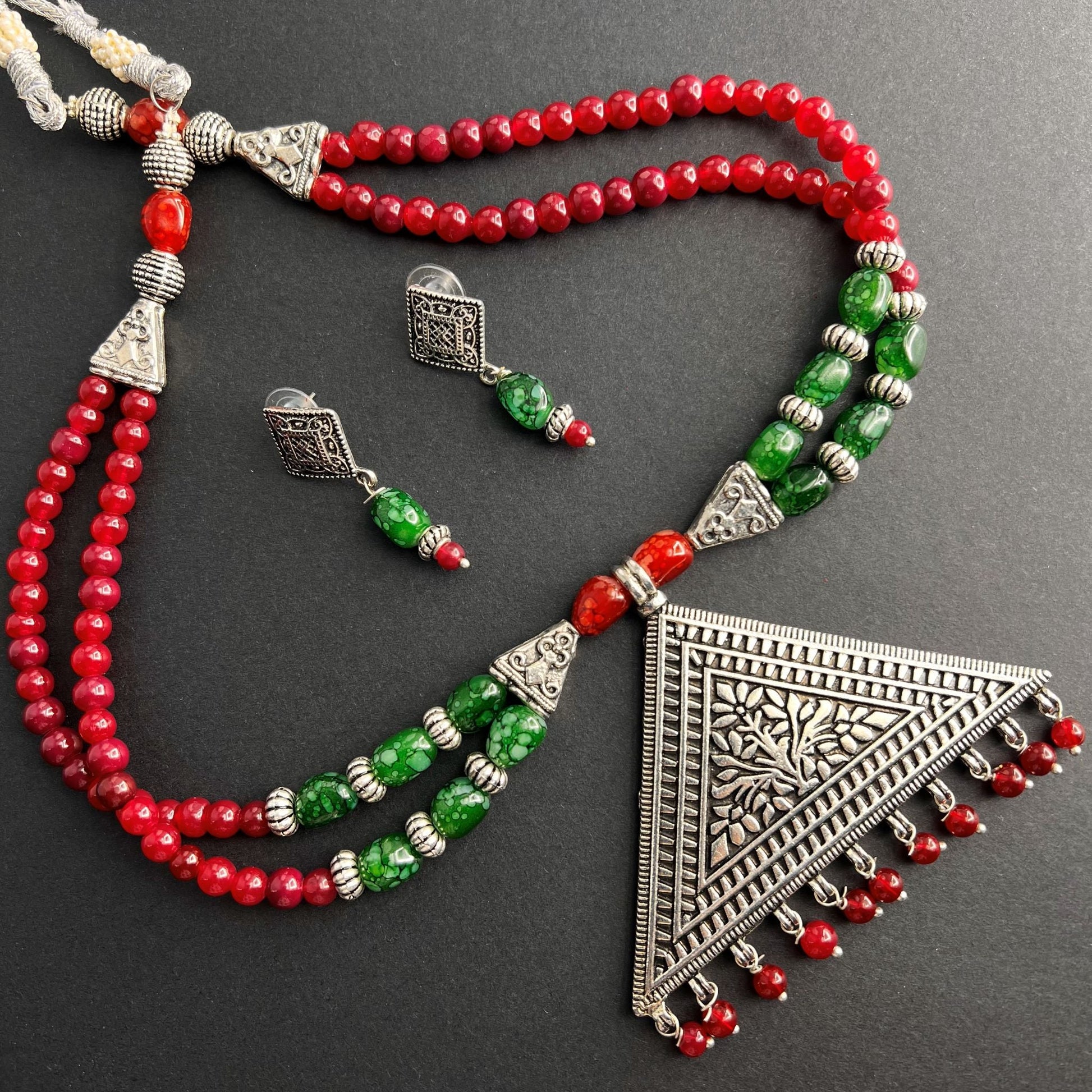 Fashion - Designer Trendy Style Red, Green Color Oxidized Necklace Set With Silver Tone Plating