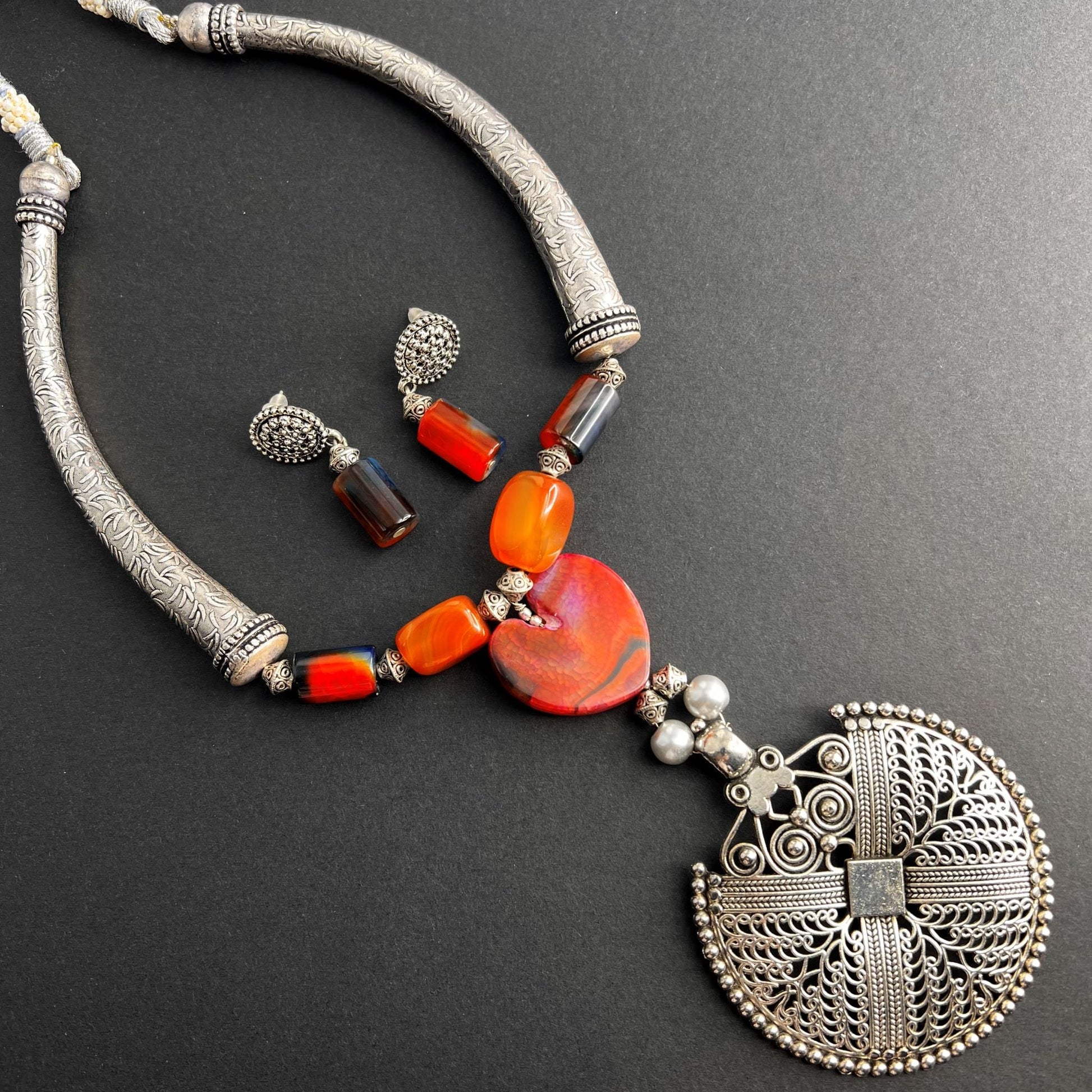 Fashion - Trendy Style Orange Color Oxidized Necklace Set With Silver Tone Plating