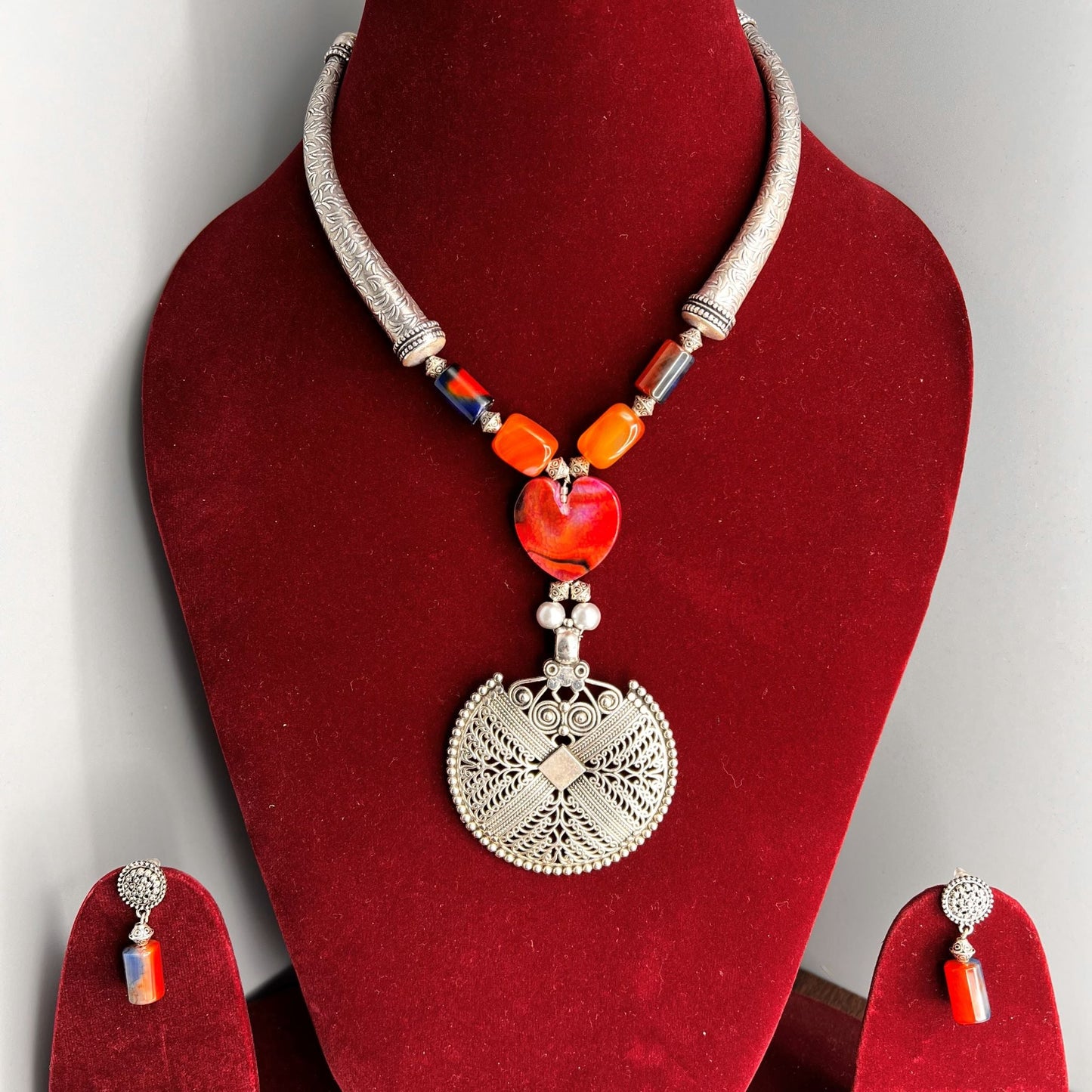 Fashion - Cuff/Hasli Style Orange Oxidized Necklace Set