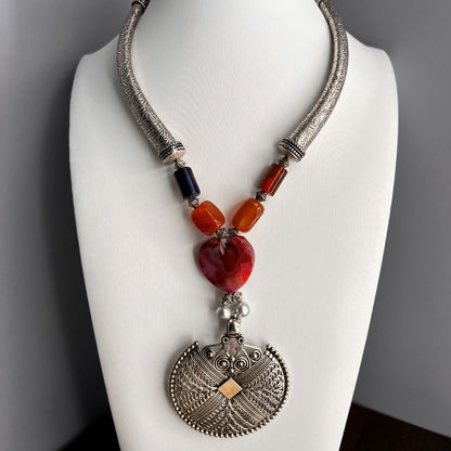 Fashion - Cuff/Hasli Style Orange Oxidized Necklace Set