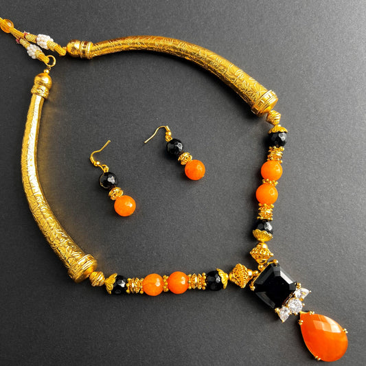 Fashion - Trendy Style Orange, Black Color Casual Necklace Set With Gold Tone Plating