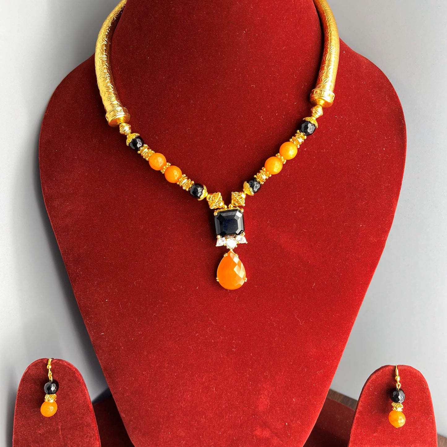 Fashion - Cuff/Hasli Style Orange & Black Casual Necklace Set