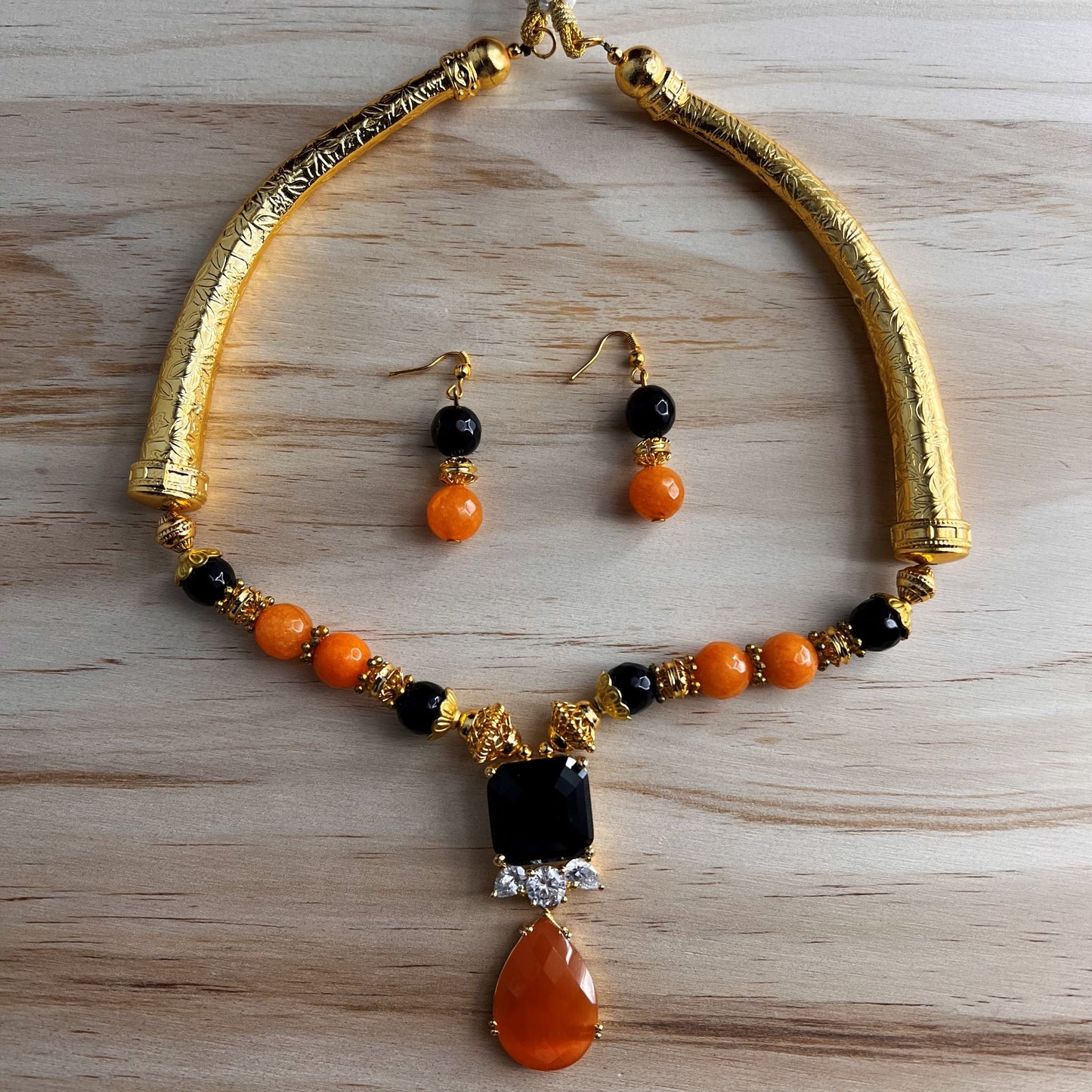 Fashion - Cuff/Hasli Style Orange & Black Casual Necklace Set