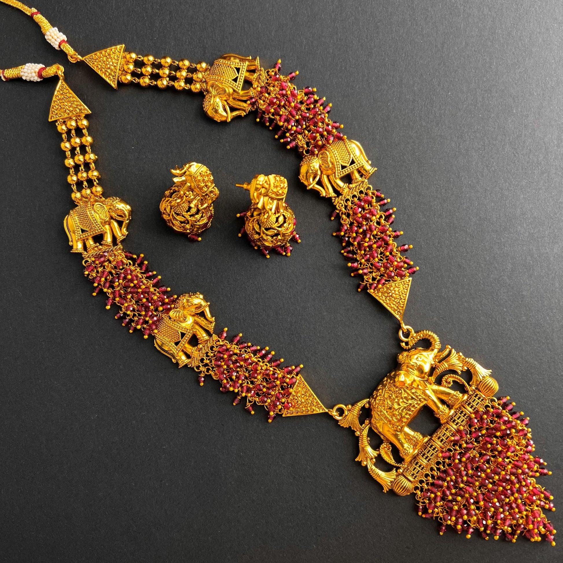 Fashion - Designer Festive Style Red Color Antique Traditional Necklace Set With Gold Tone Plating