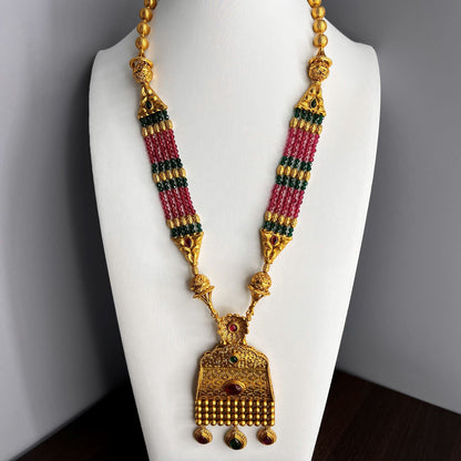 Fashion - Unique Designer Ruby Pink & Green Antique Traditional, Bead Mix Long Necklace Set