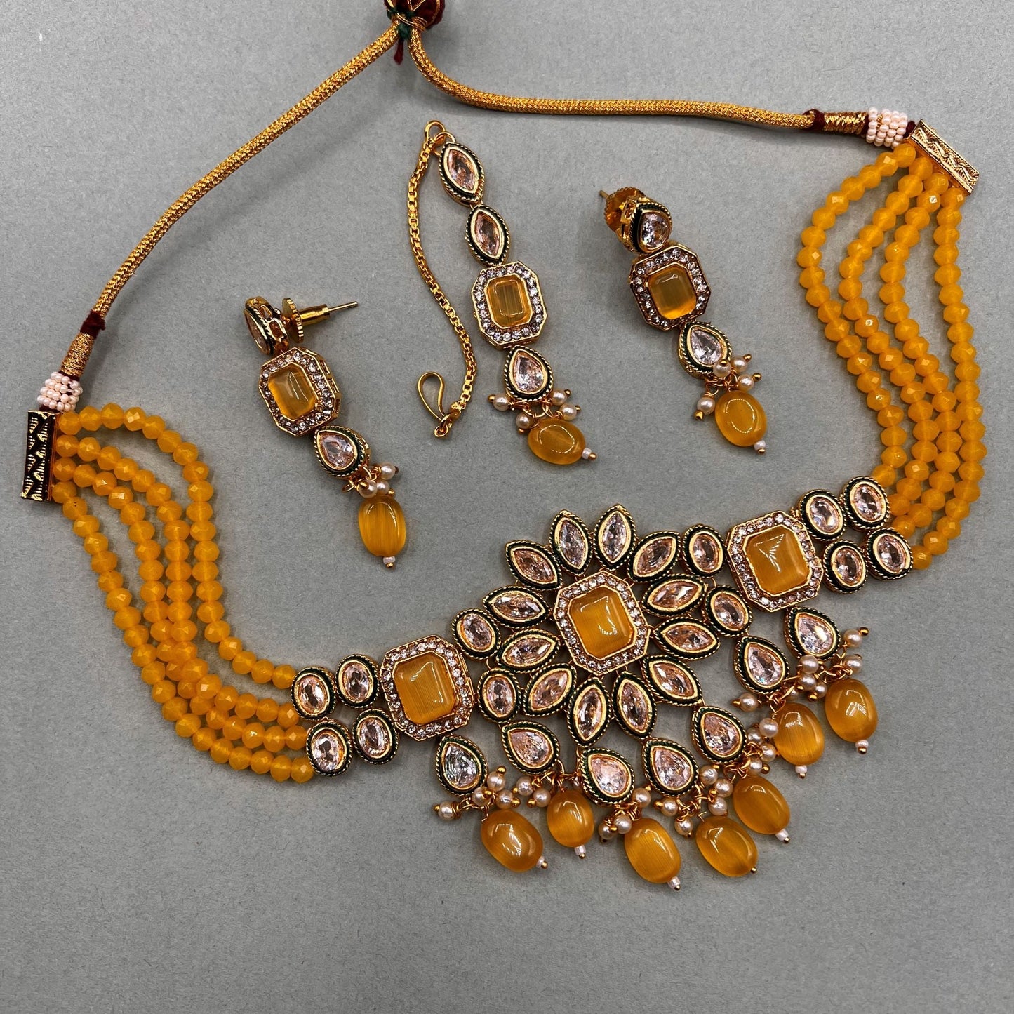 Fashion - Classic Style Yellow Color Monalisa Stone, Bead Mix Necklace Set With Gold Tone Plating