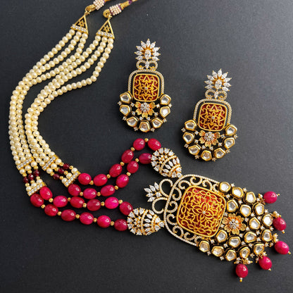 Fashion - Designer Festive Style Ruby Pink Color Kundan, Bead Mix Necklace Set With Gold Tone Plating