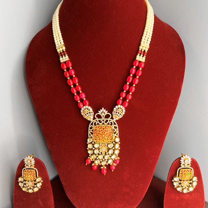 Fashion - Exclusive Designer Festive Style Ruby Pink Kundan Work, Bead Mix Long Necklace Set