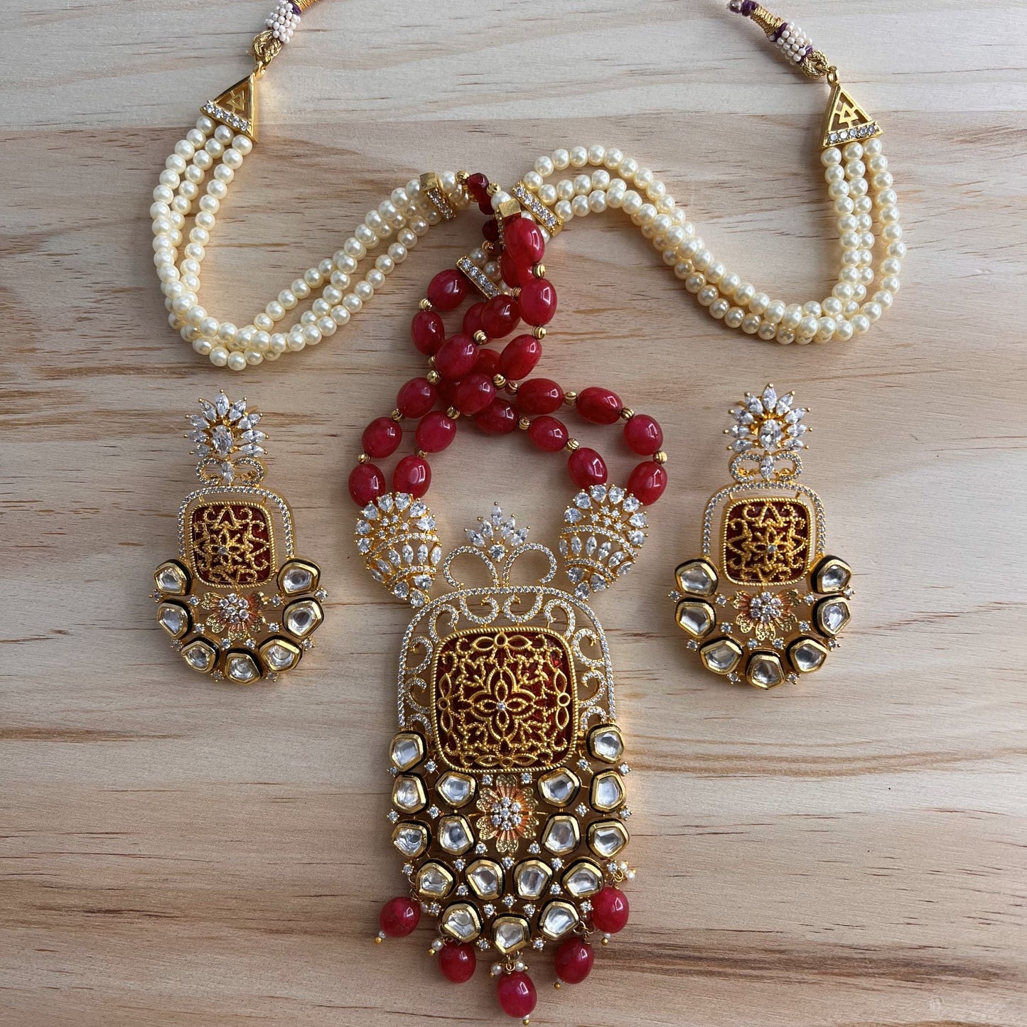 Fashion - Exclusive Designer Festive Style Ruby Pink Kundan Work, Bead Mix Long Necklace Set