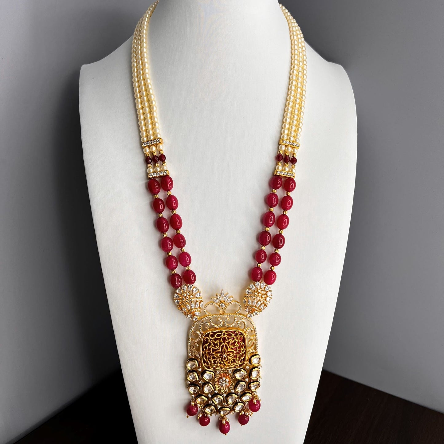 Fashion - Exclusive Designer Festive Style Ruby Pink Kundan Work, Bead Mix Long Necklace Set