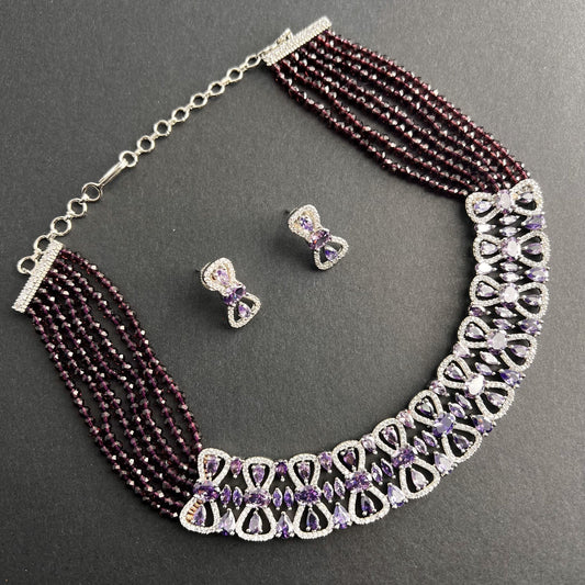 Fashion - Trendy Style Purple Color AD/CZ, Bead Mix Necklace Set With Rhodium Plating