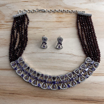 Fashion - Pretty Dark Purple AD/CZ Stone, Bead Mix Necklace Set