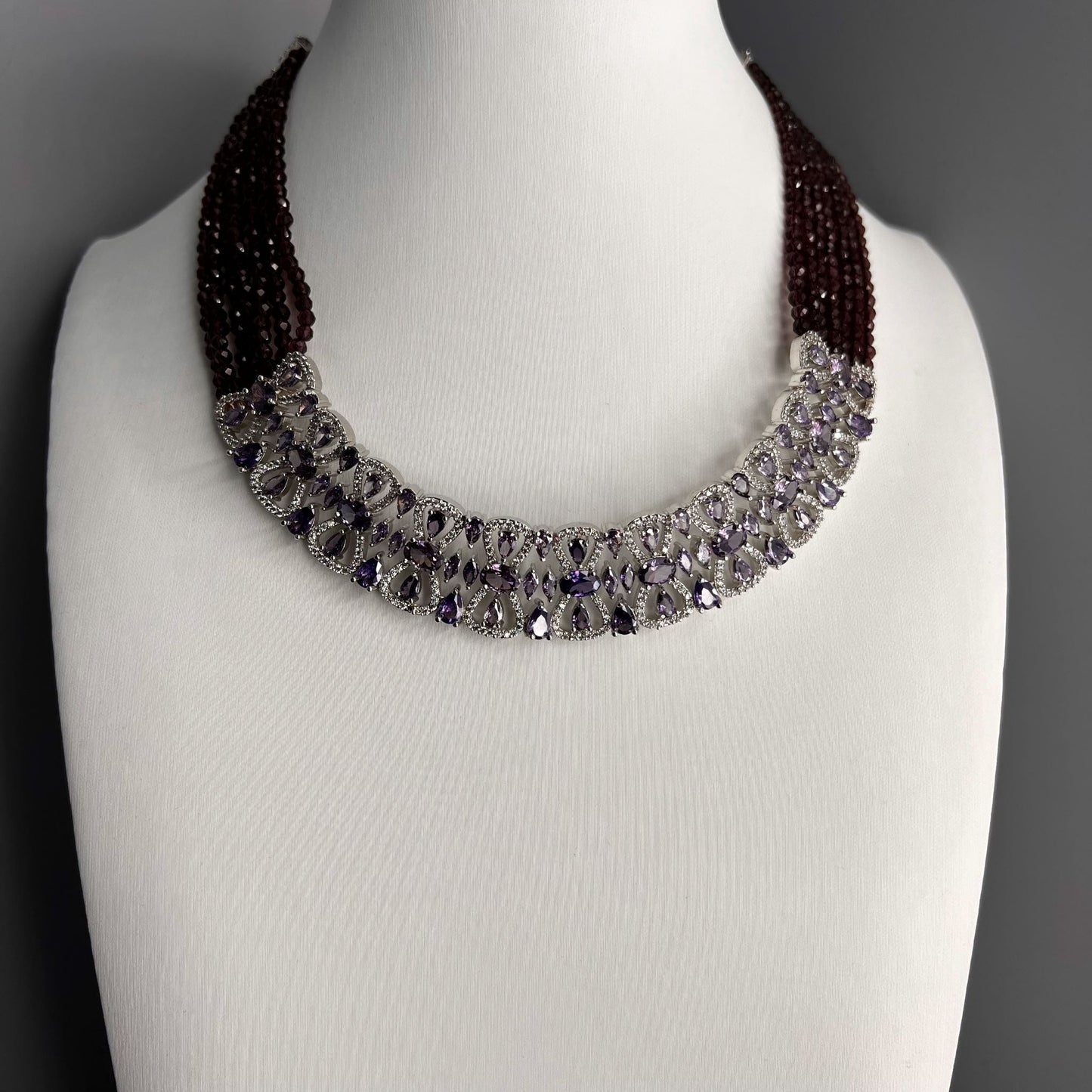 Fashion - Pretty Dark Purple AD/CZ Stone, Bead Mix Necklace Set