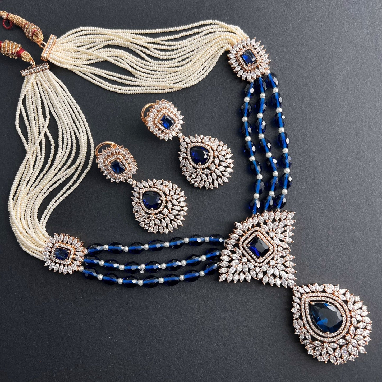 Fashion - Designer Festive Style Navy Blue Color AD/CZ, Bead Mix Necklace Set With Rose Gold Tone Plating