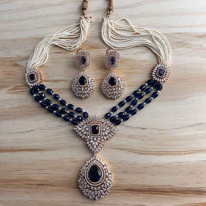 Fashion - Exclusive Designer Navy Blue AD/CZ Stone, Bead Mix Necklace Set