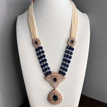 Fashion - Exclusive Designer Navy Blue AD/CZ Stone, Bead Mix Necklace Set