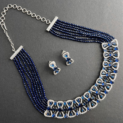 Fashion - Trendy Style Navy Blue Color AD/CZ, Bead Mix Necklace Set With Rhodium Plating