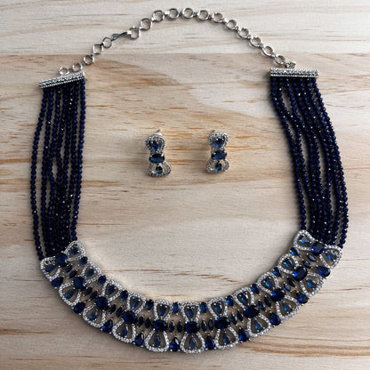 Fashion - Pretty Navy Blue AD/CZ Stone, Bead Mix Necklace Set