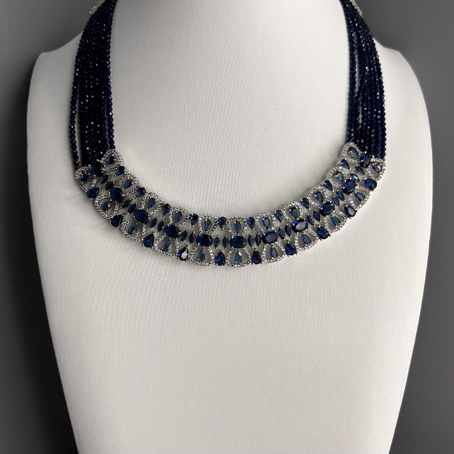 Fashion - Pretty Navy Blue AD/CZ Stone, Bead Mix Necklace Set