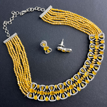 Fashion - Trendy Style Yellow Color AD/CZ, Bead Mix Necklace Set With Rhodium Plating