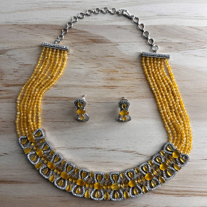 Fashion - Eye-Catching Yellow AD/CZ Stone, Bead Mix Necklace Set