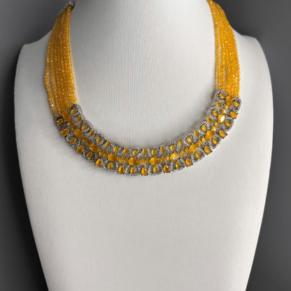 Fashion - Eye-Catching Yellow AD/CZ Stone, Bead Mix Necklace Set