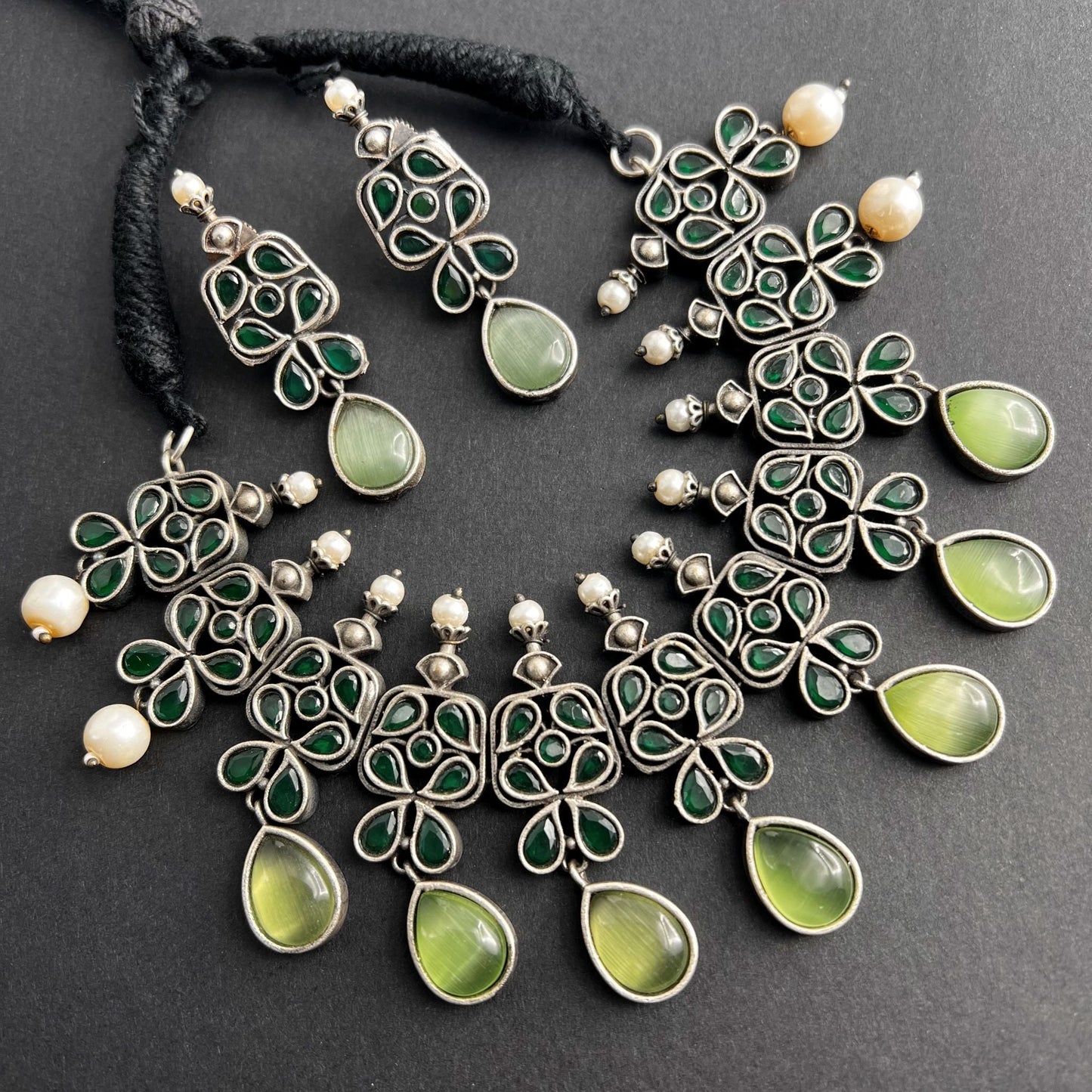 Fashion - Classic Style Parrot Green, Green Color Oxidized Necklace Set With Oxidized Silver Tone Plating