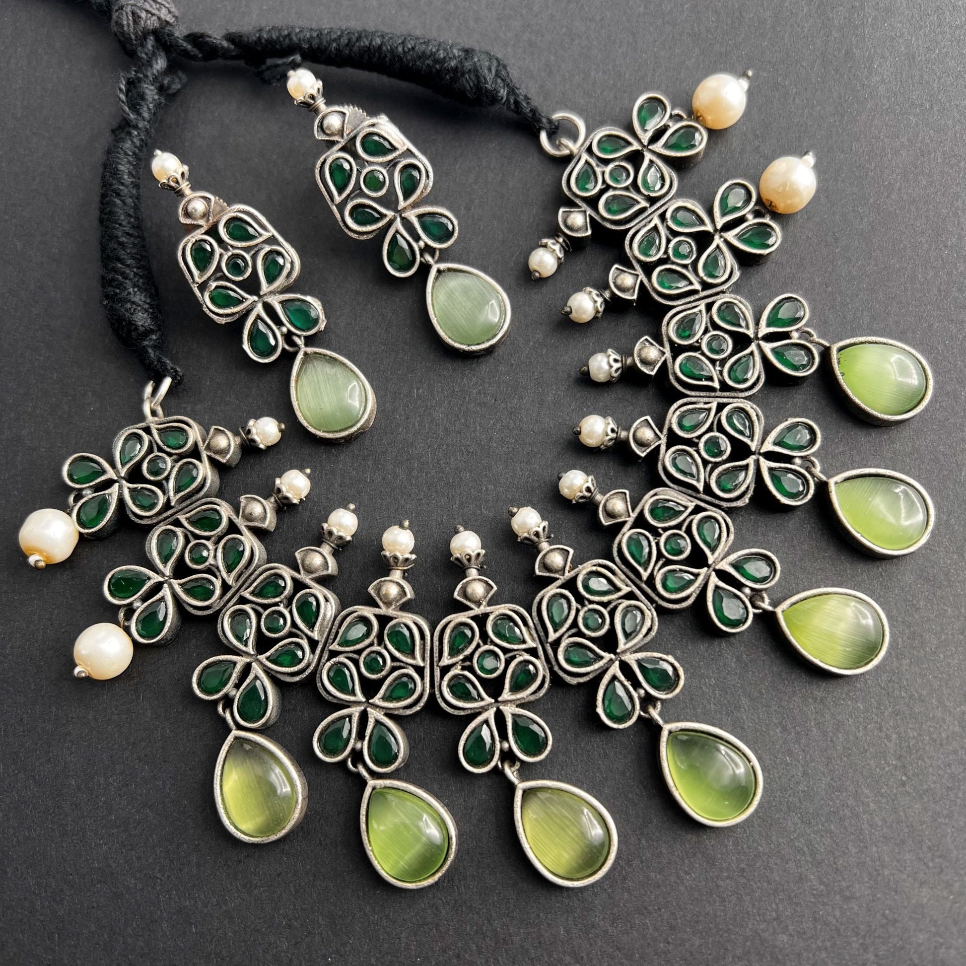 Fashion - Classic Style Parrot Green, Green Color Oxidized Necklace Set With Oxidized Silver Tone Plating